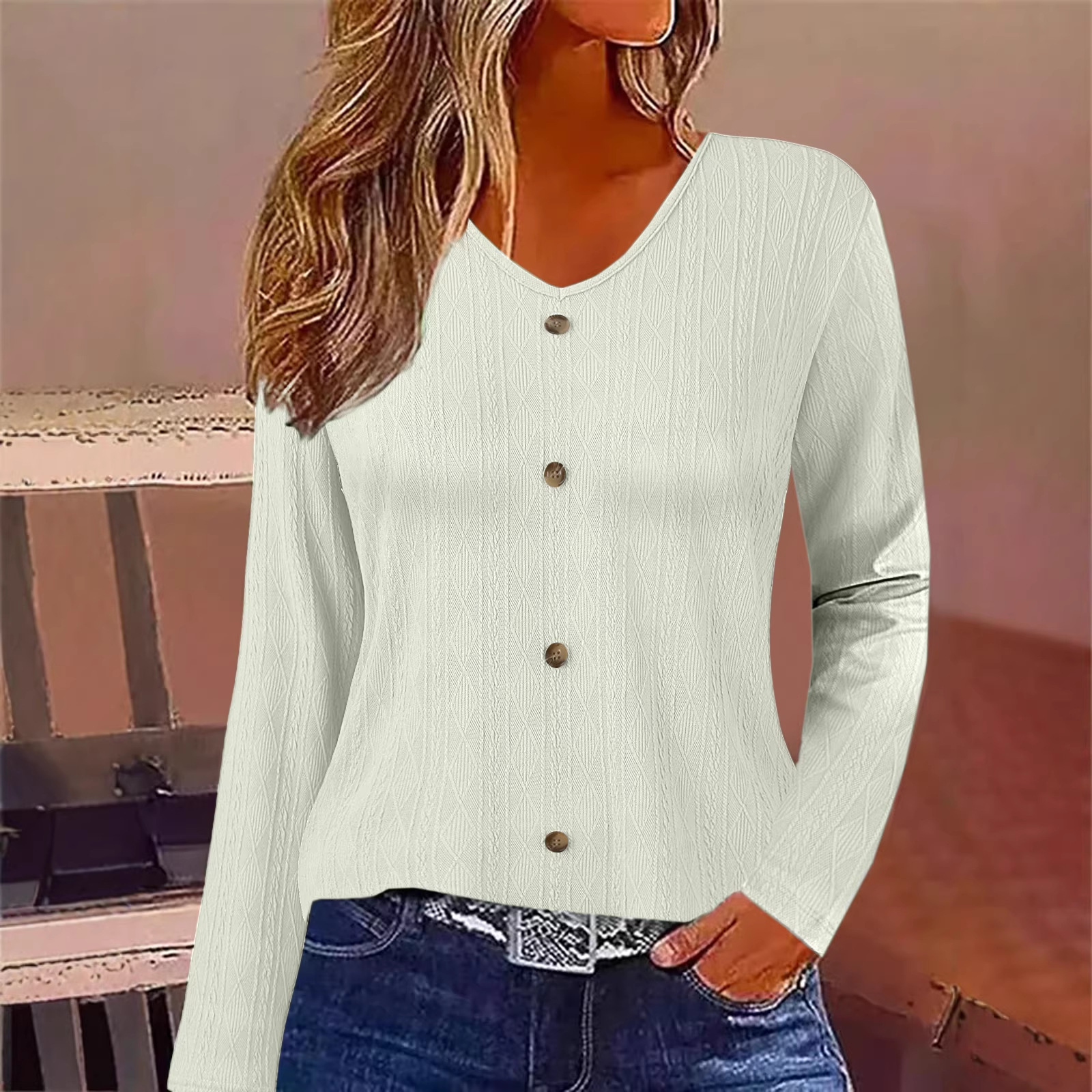Women's V-Neck Long Sleeve Top Casual Loose Fit