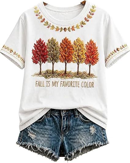 Summer Tree Letter Maple Leaf Print Short Sleeve T-Shirt
