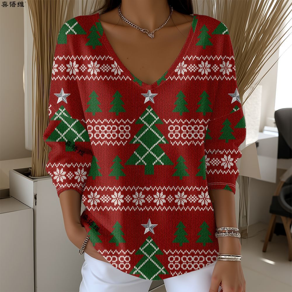 Christmas Snowman Reindeer Bow Print V-Neck Long Sleeve T-Shirt