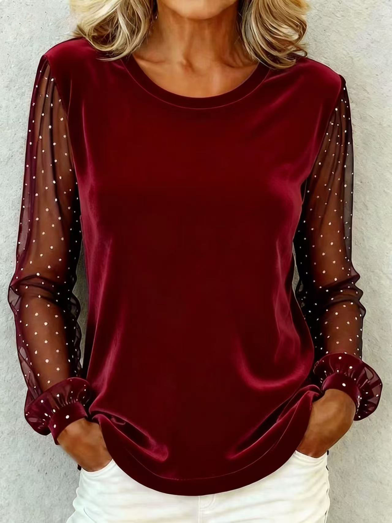 Elegant Lace-Trim Velvet Long-Sleeve Crewneck Top