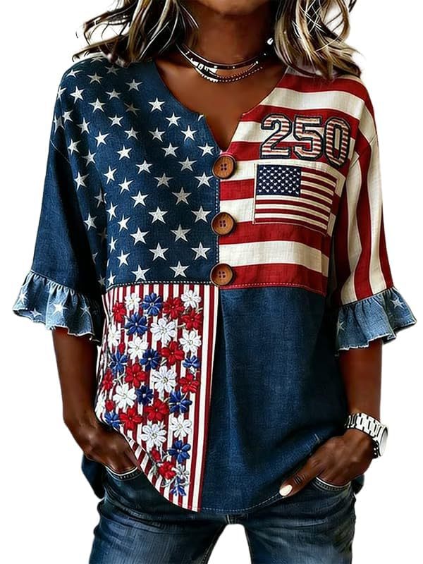 Women's American Floral Flag Print V-Neck Half-Sleeve T-Shirt