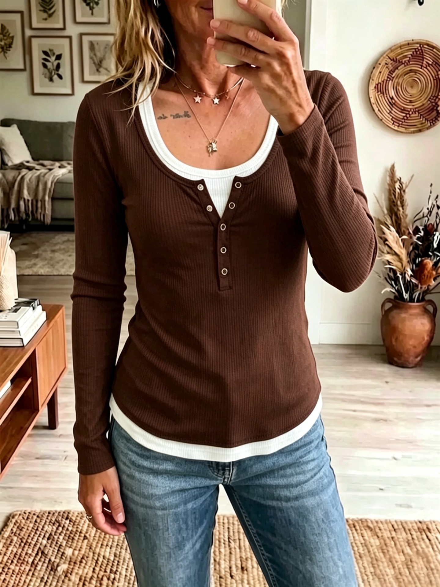 Women's Color-Block Faux-Layer Slim Long-Sleeve T-Shirt