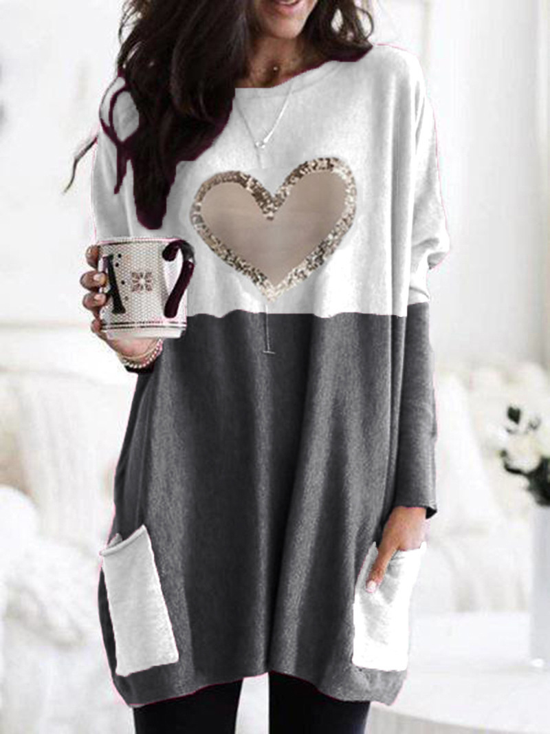 Heart Print Colorblock Long Sleeve Crewneck Loose T-Shirt for Women