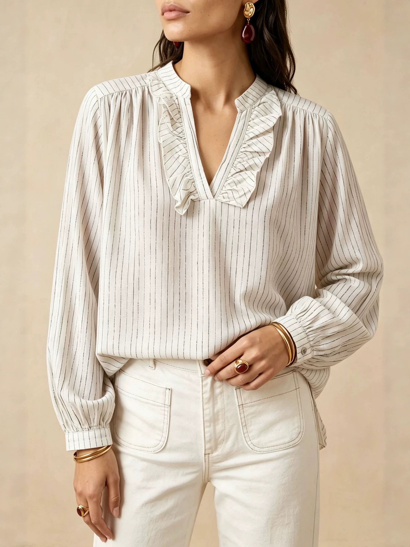 Ruffle V-Neck Long Sleeve Striped Women's Shirt