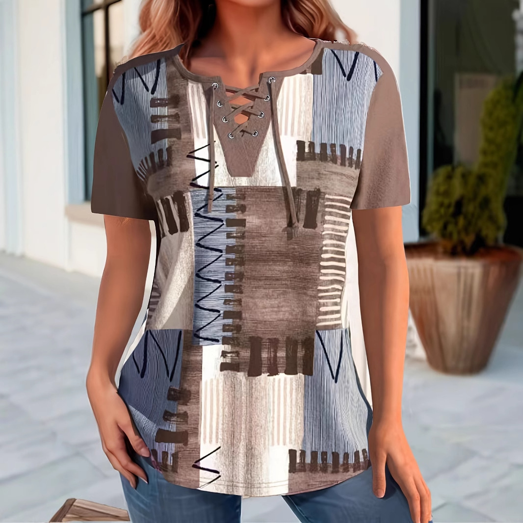 Women's Eyelet Lace-Up Short-Sleeve Slit T-Shirt Light Coffee