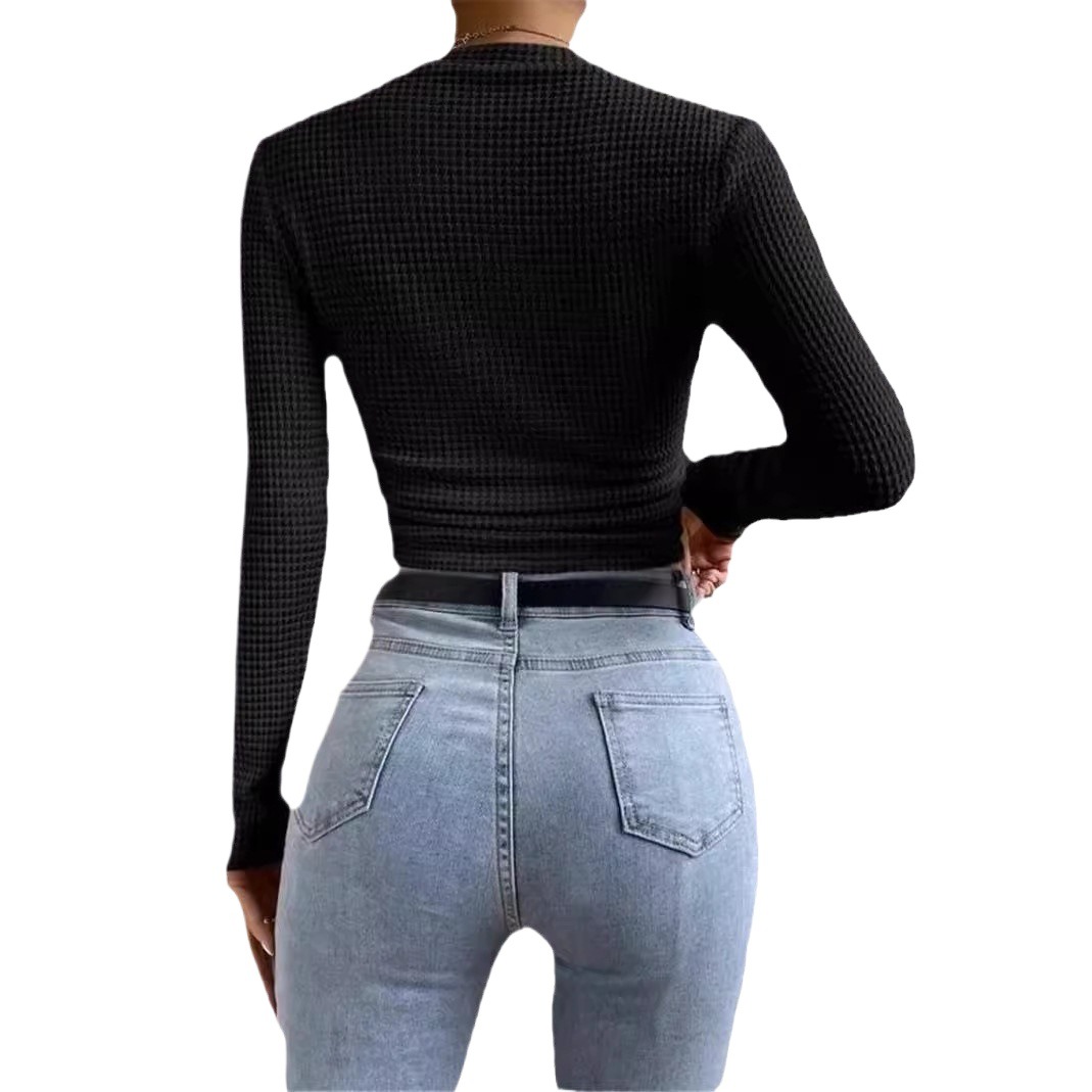 Women's Slim Fit Plaid Round Neck Ruched Long Sleeve Top