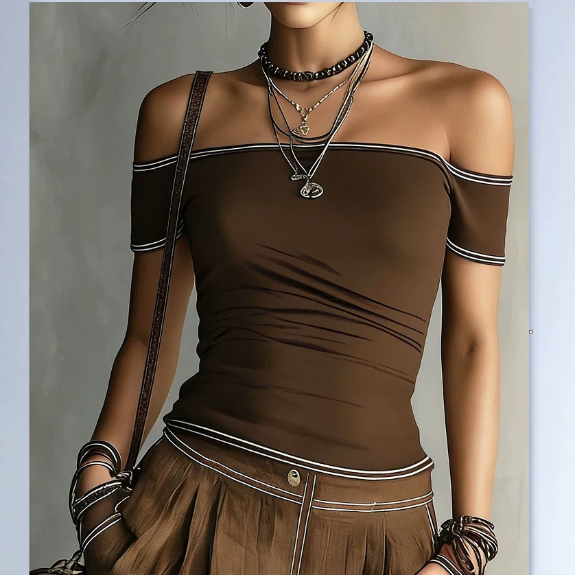 Women's Off-Shoulder One-Line Neck Crop Top Short Sleeve T-Shirt