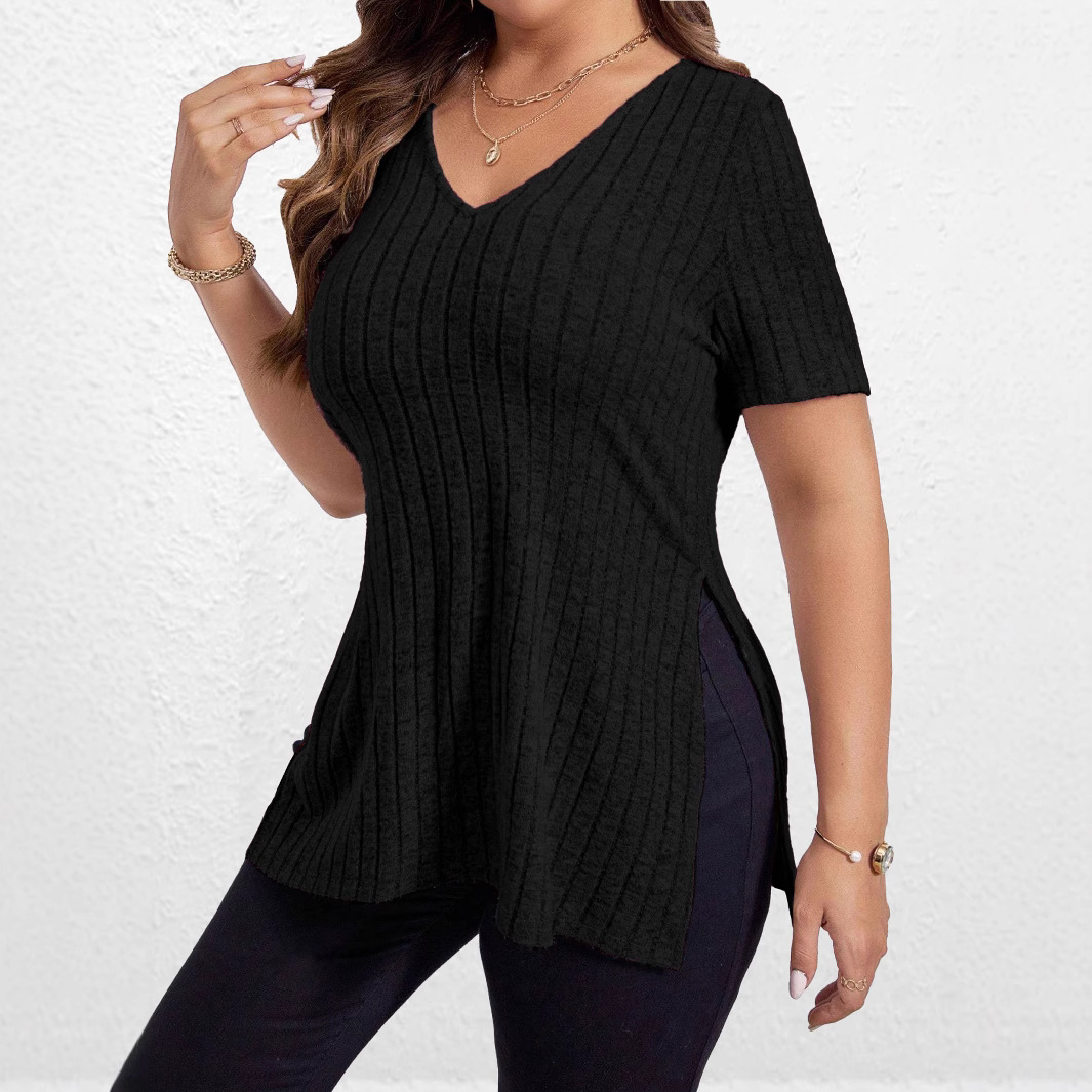Women's Solid Ribbed V-Neck Short Sleeve Split Hem T-Shirt