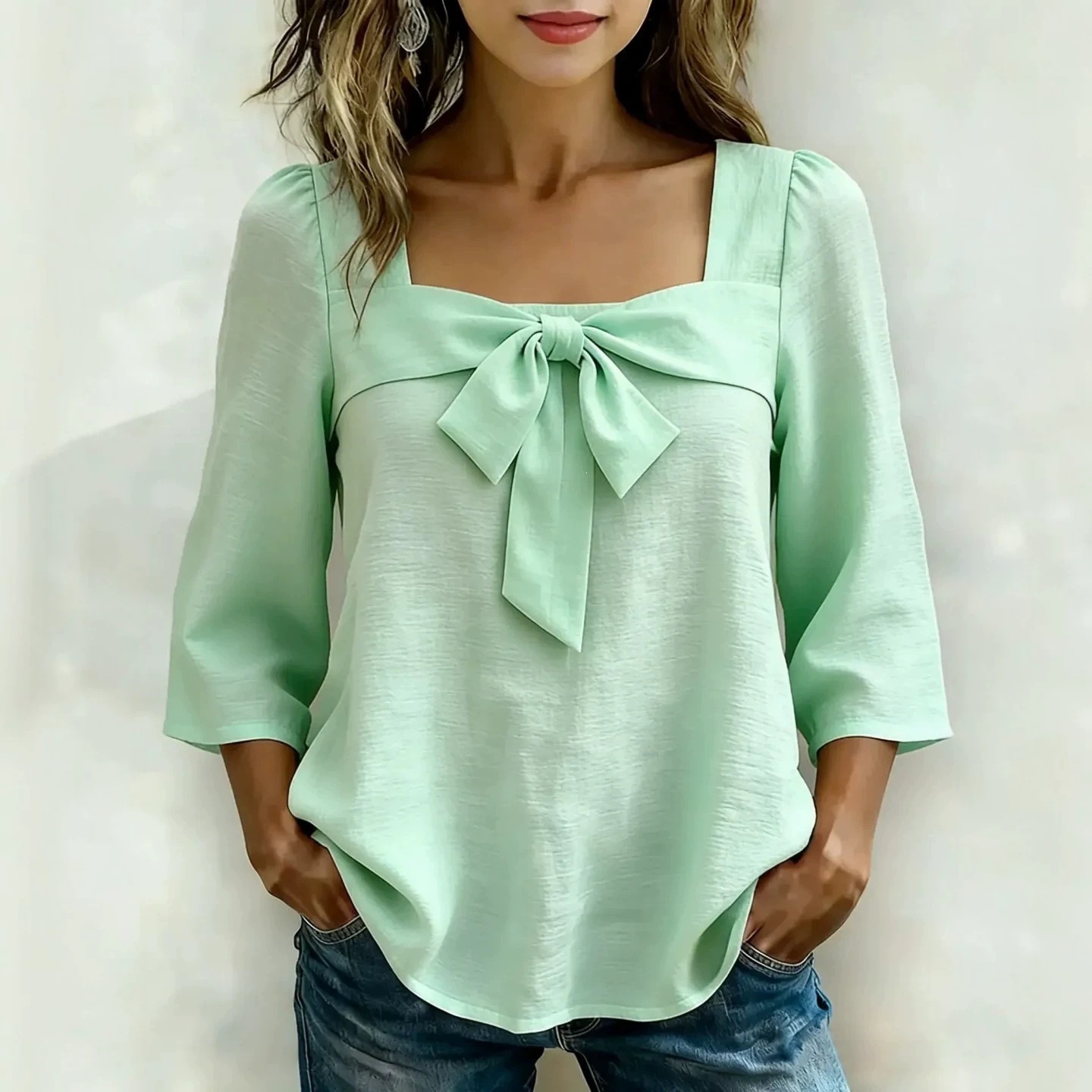 Women's Square Neck Bow Tie Blouse Casual Sweet Top