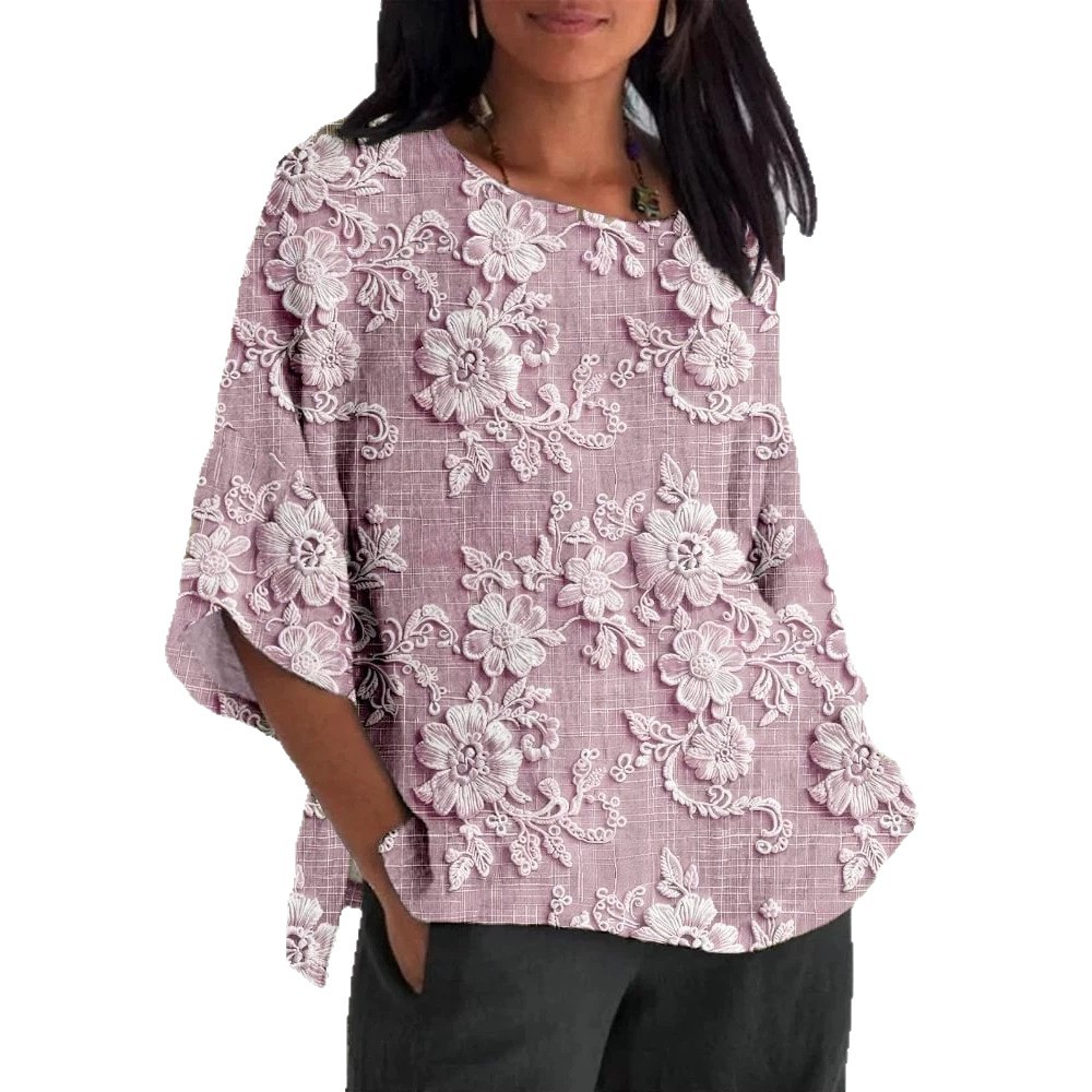 Women's Floral Petal Print Mid-Sleeve Casual Top