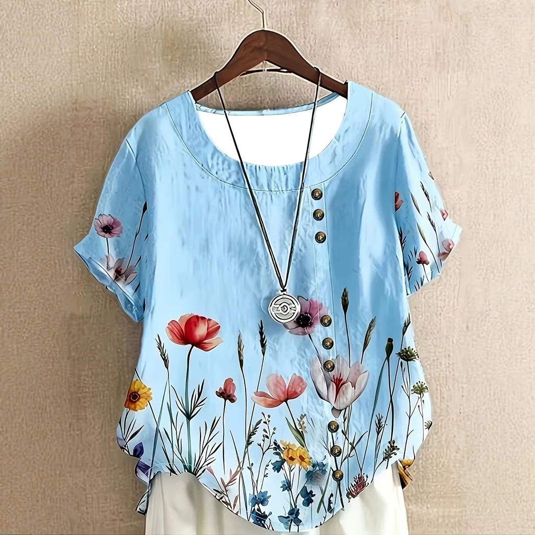 Women's Summer Novelty Print Crewneck Short Sleeve Button Top