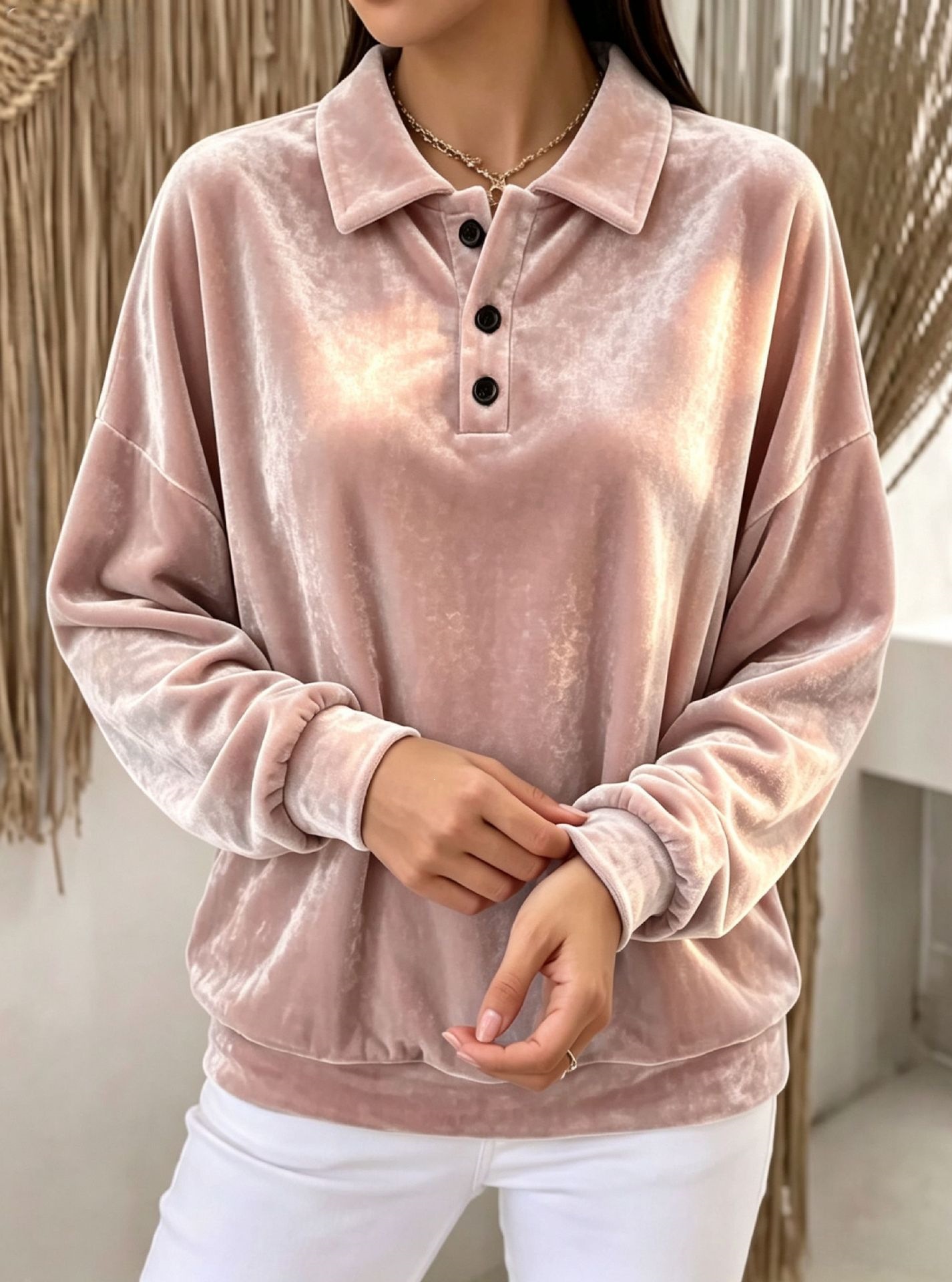 Velvet Sweatshirt with Collar Long Sleeve Solid Color Women's Casual Top