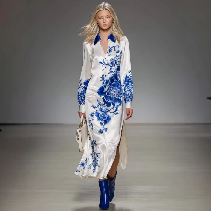Elegant V-Neck Button-Front Blue Floral Print Pearl White Satin Midi Dress with Slit