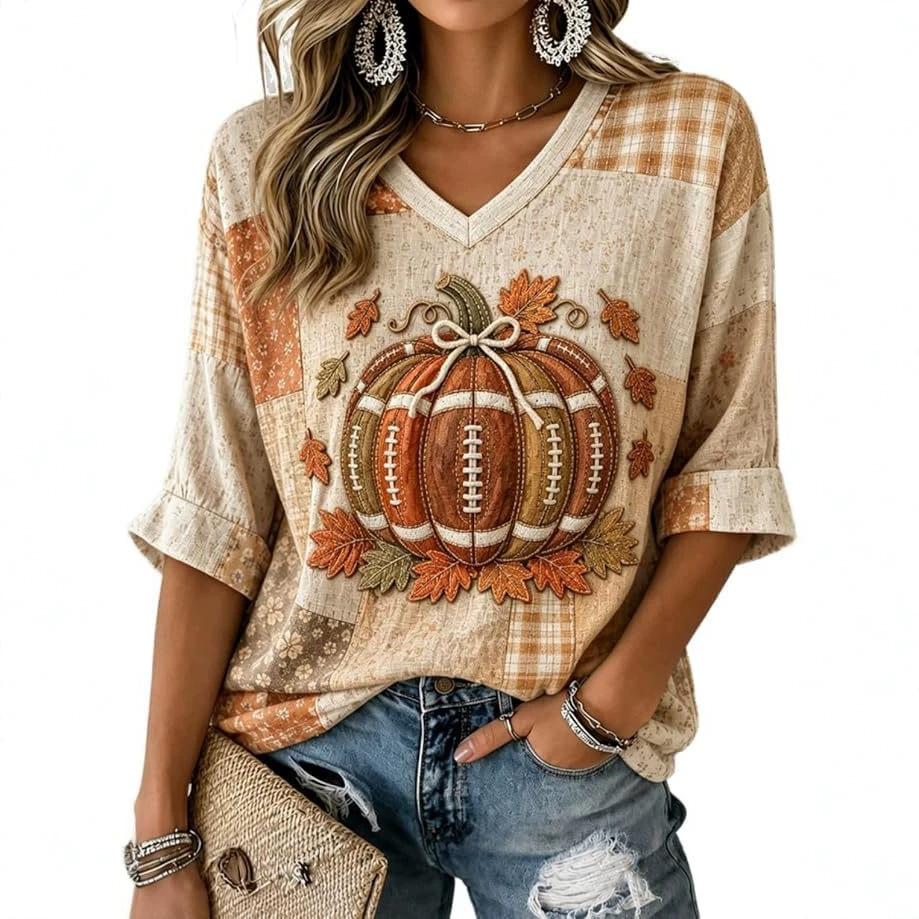 Halloween Pumpkin Bow Print V-Neck Half-Sleeve Women's T-Shirt