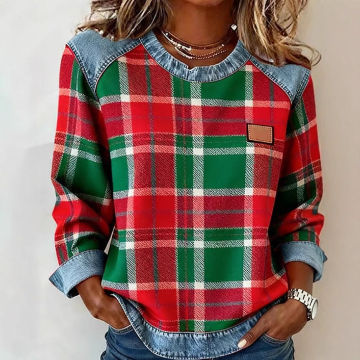 Plaid Patchwork Denim Crewneck Loose Women's Sweatshirt