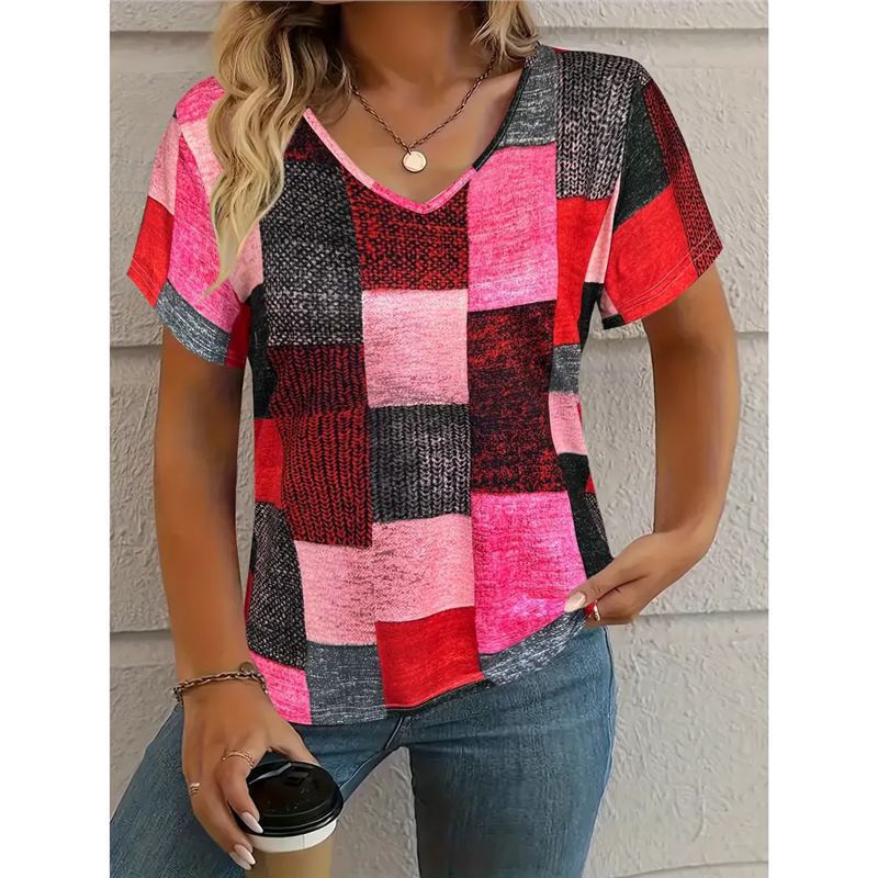 Women's Square Print V-Neck Short Sleeve T-Shirt