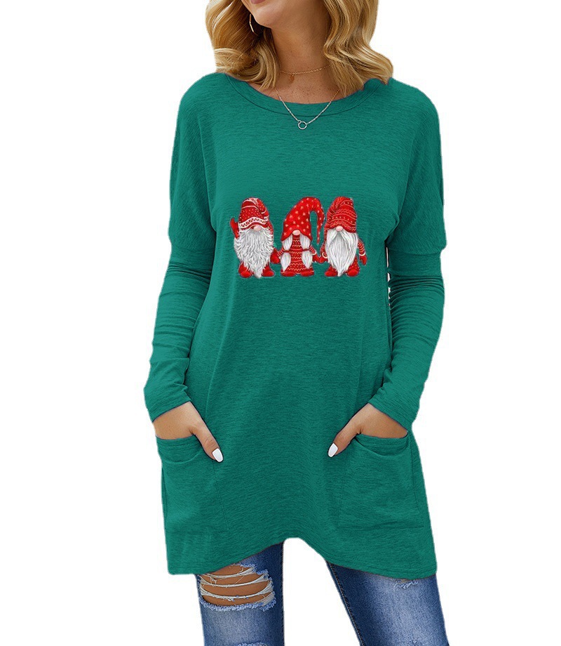 Santa Print Loose Long-Sleeve T-Shirt for Women