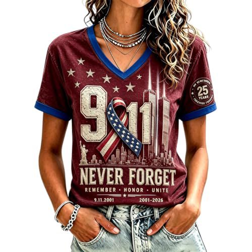 Twin Towers Anniversary Print V-Neck Short Sleeve Women's T-Shirt