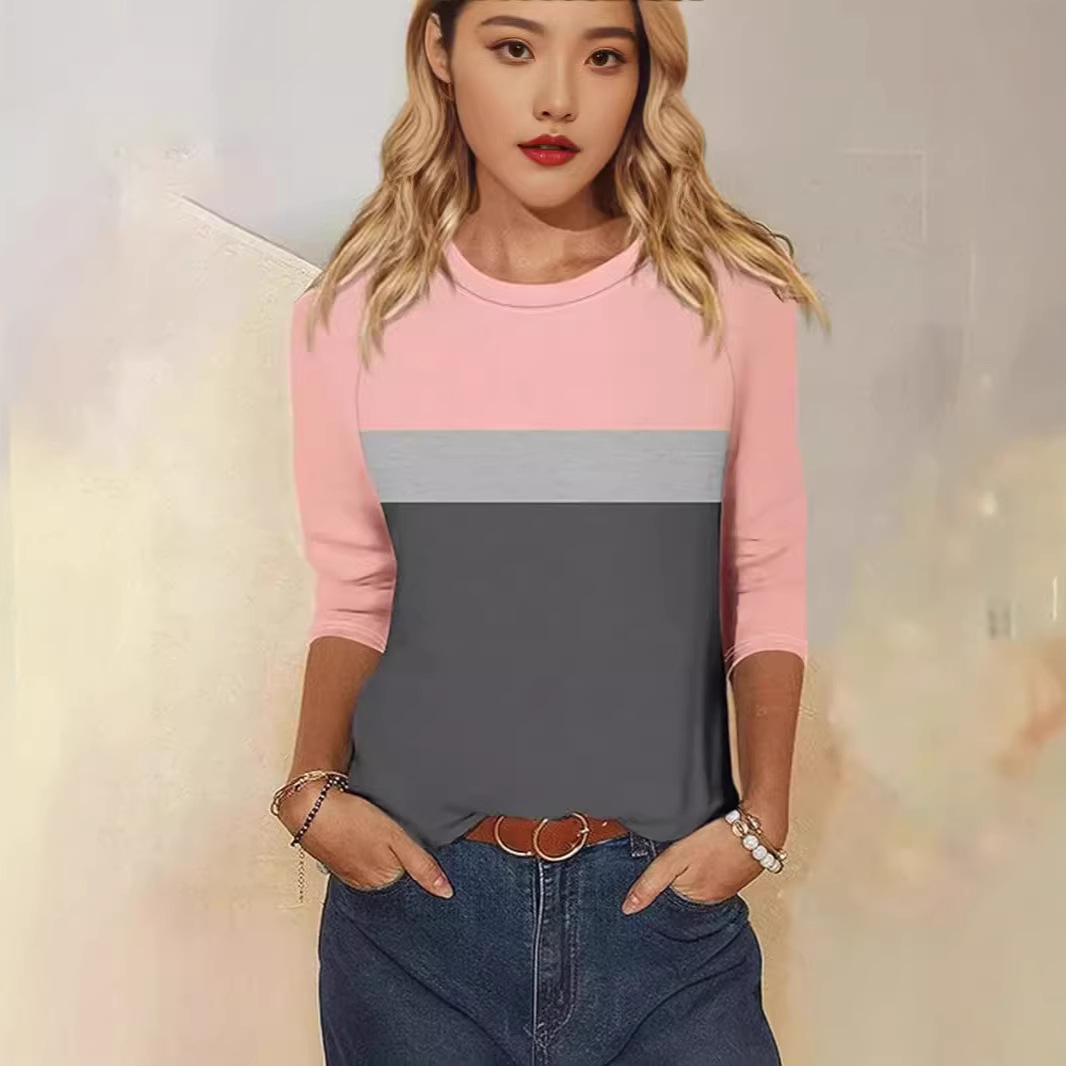 Women's Colorblock Houndstooth 3/4 Sleeve Crewneck T-Shirt