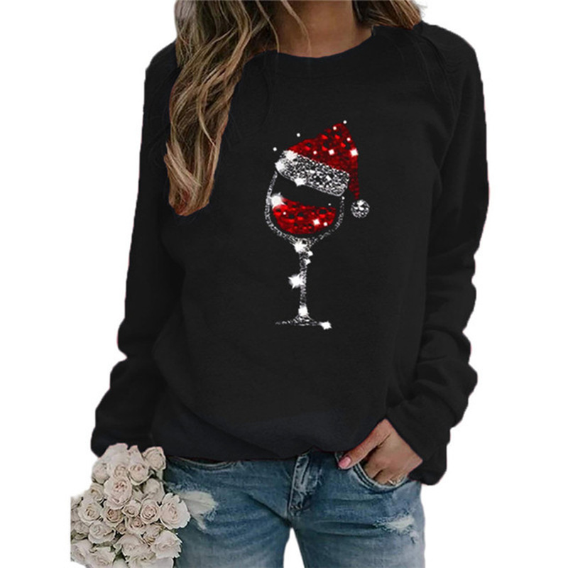 Christmas Wine Glass Print Long Sleeve Crewneck T-Shirt for Women