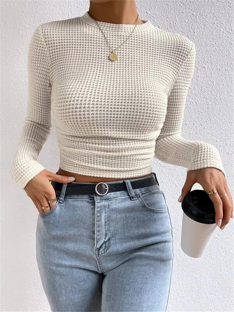 Women's Slim Fit Plaid Round Neck Ruched Long Sleeve Top