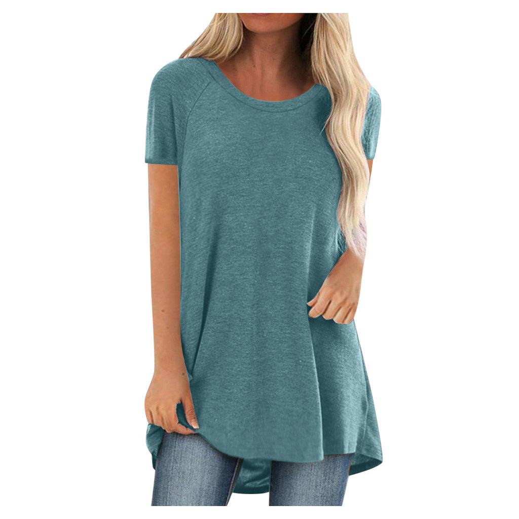 Solid Color Crewneck Loose Short-Sleeve Pullover T-Shirt Midi Length