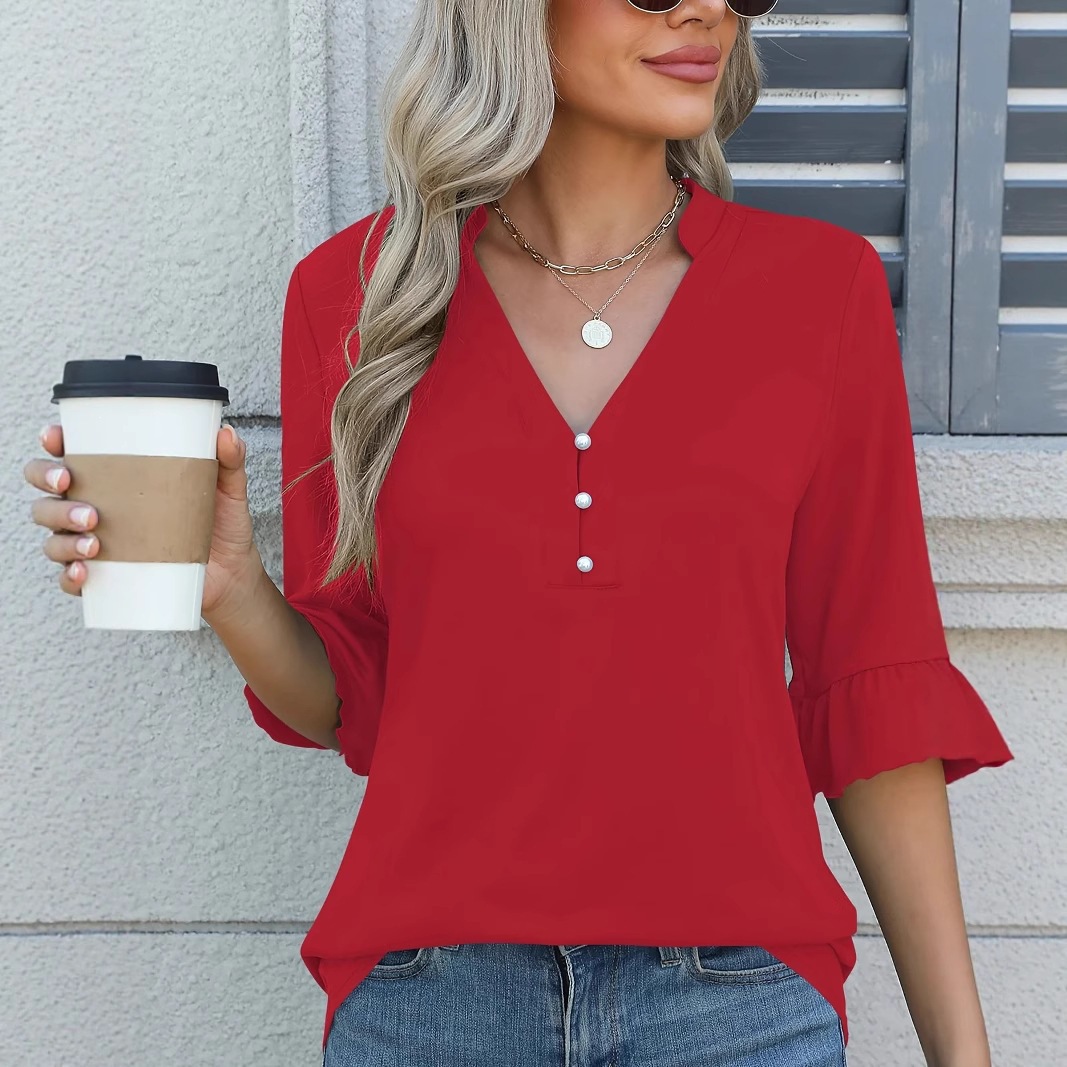 Women's Solid Color V-Neck Mid-Sleeve T-Shirt Top