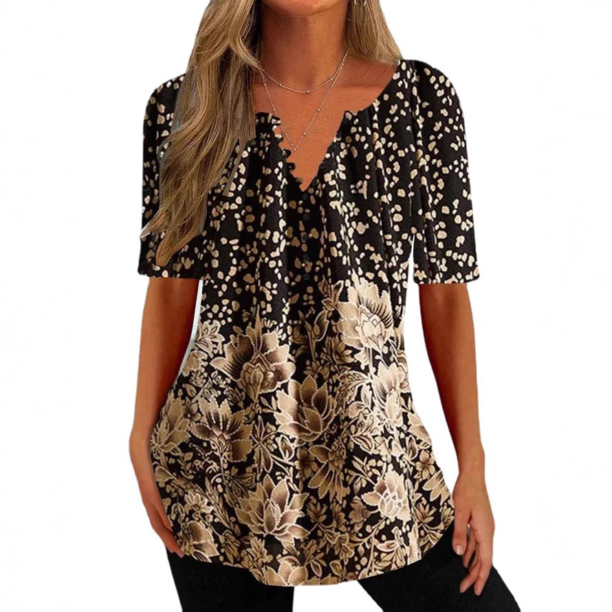 Women's Casual Floral V-Neck Short Sleeve Loose T-Shirt Plus Size