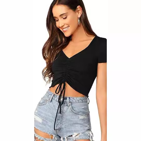 Women's V-Neck Drawstring Crop Top Slim Fit Short Sleeve T-Shirt