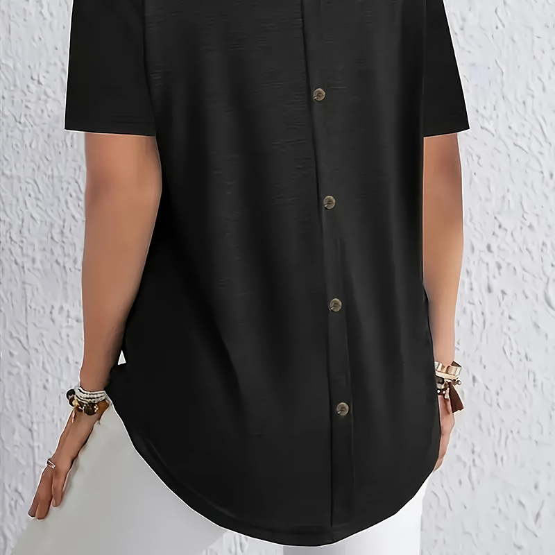 Women's Solid Color Elegant Round Neck Back Button T-Shirt