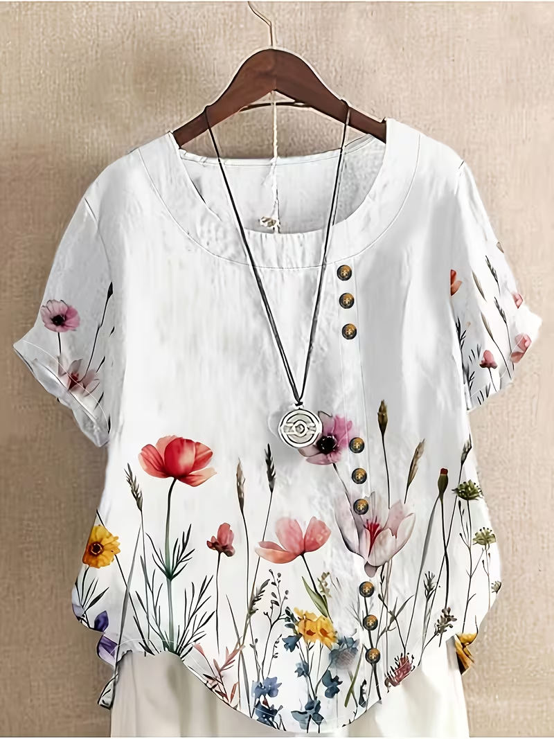 Women's Summer Novelty Print Crewneck Short Sleeve Button Top