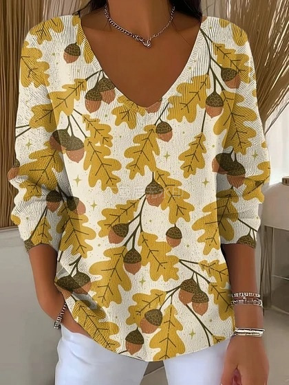 Colorful Leaf Striped V-Neck Long-Sleeve T-Shirt for Women