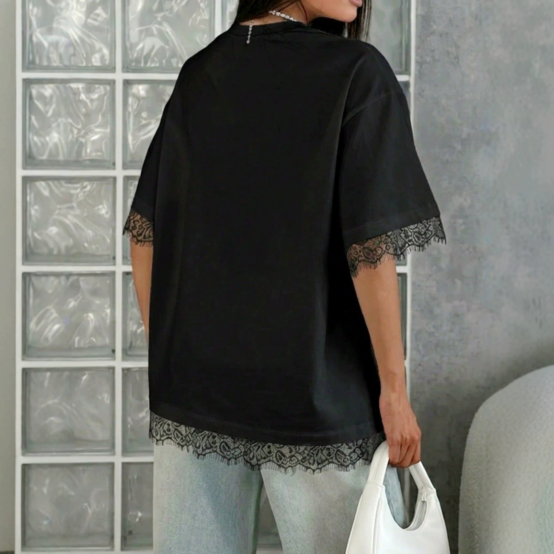 Women's Lace-Trim Crewneck Short-Sleeve Loose Solid T-Shirt