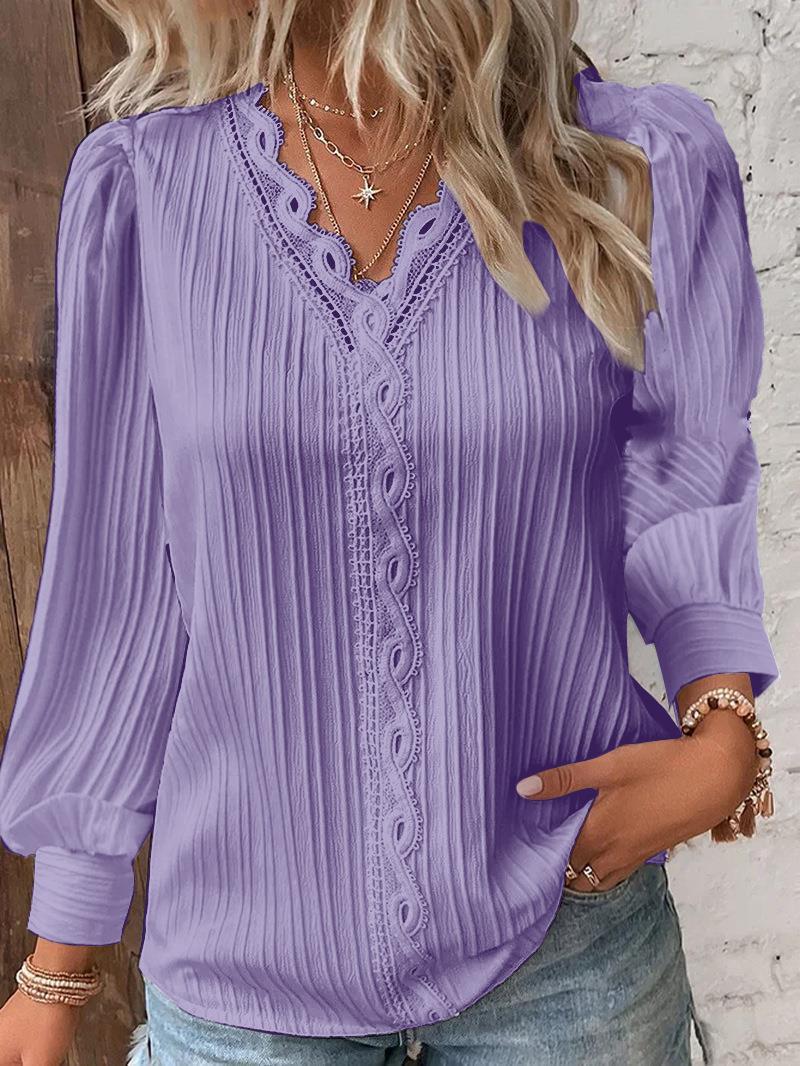 Women's Long Sleeve V-Neck Lace Trim Blouse