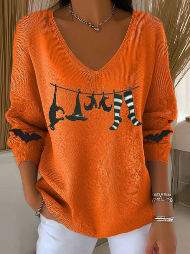 Maple Leaf Print V-Neck Long Sleeve T-Shirt
