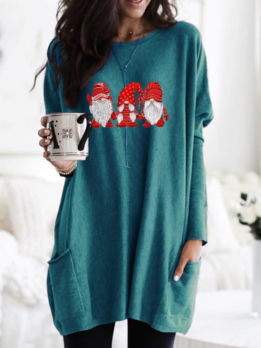 Santa Print Long Sleeve Round Neck Pocket Dress