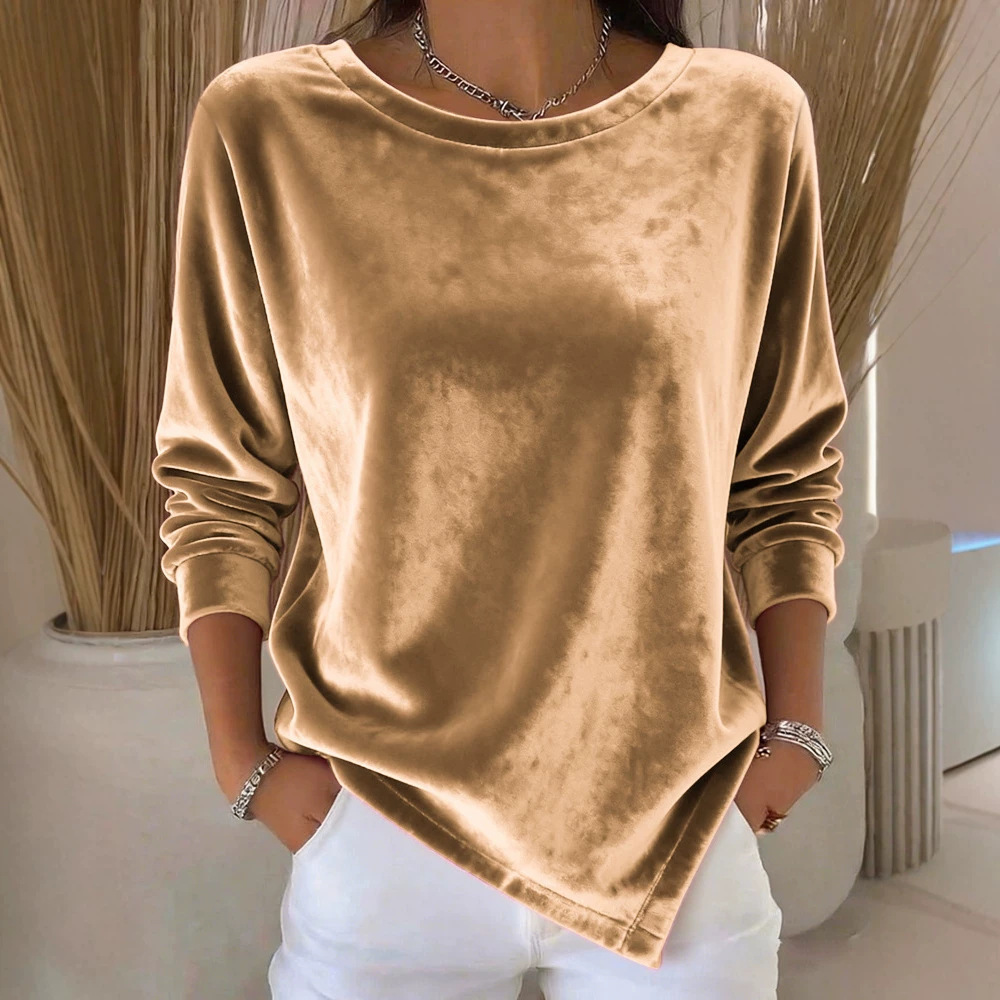 Women's Velvet Long Sleeve Crewneck Solid Color Casual Top