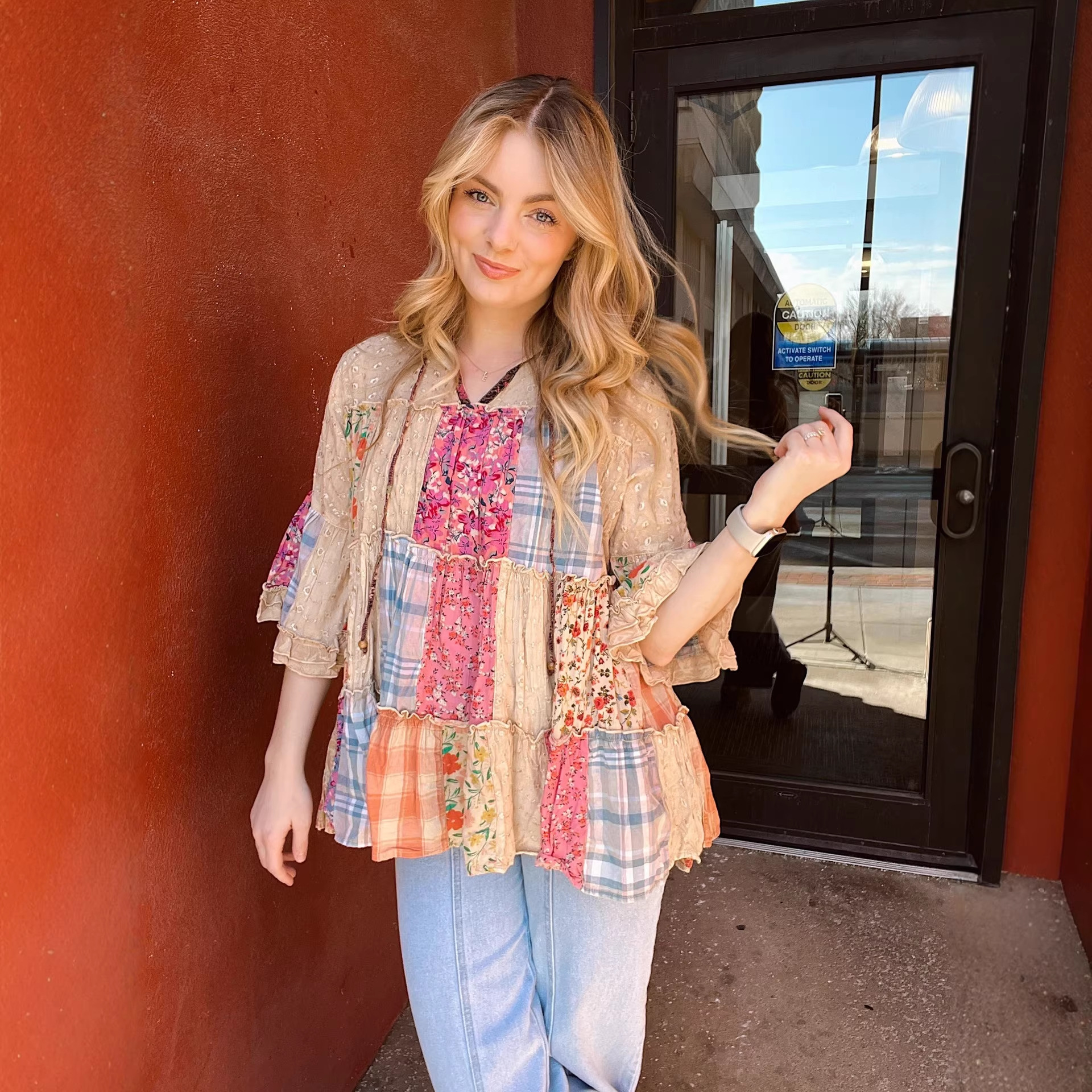 Women's Vintage Floral Digital Print Plaid Patchwork Loose V-Neck Three-Quarter Sleeve Top