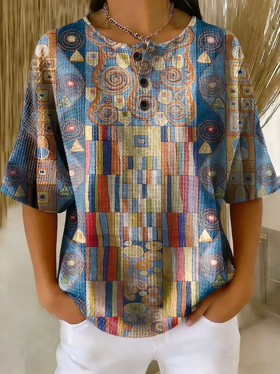 Floral Plaid Print Crewneck Short Sleeve Button Top