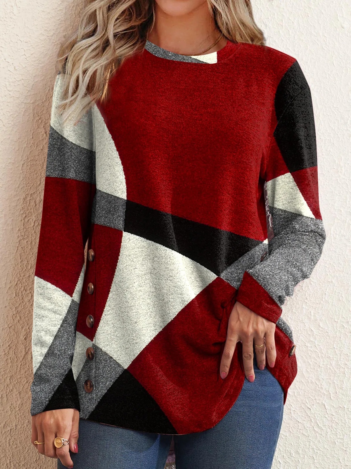 Button Geometric Colorblock Long Sleeve Print Loose T-Shirt Women's Top