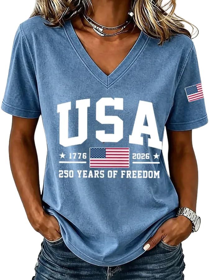 American Flag Print V-Neck Short Sleeve Women's T-Shirt