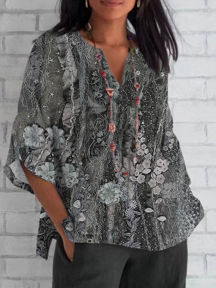 V-Neck 3/4 Sleeve Loose Vintage Floral Print Top