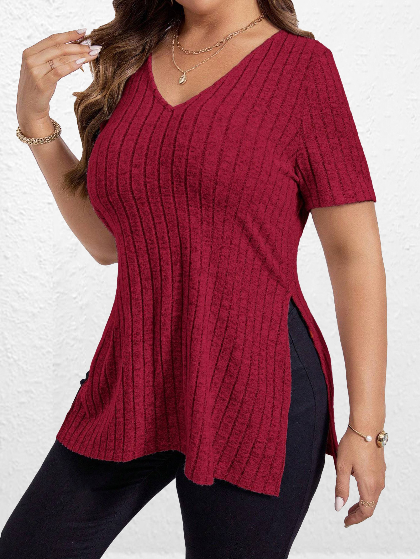 Women's Solid Ribbed V-Neck Short Sleeve Split Hem T-Shirt