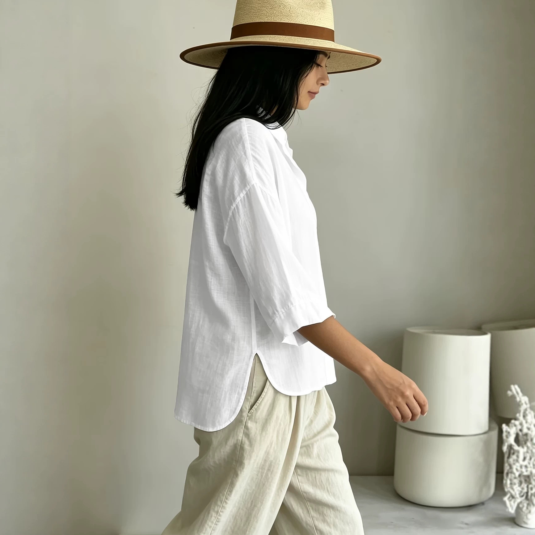 Textured Cotton-Linen Button-Front Shirt with Collar, Chest Pocket, Drop Shoulder, 3/4 Sleeve, Loose Fit