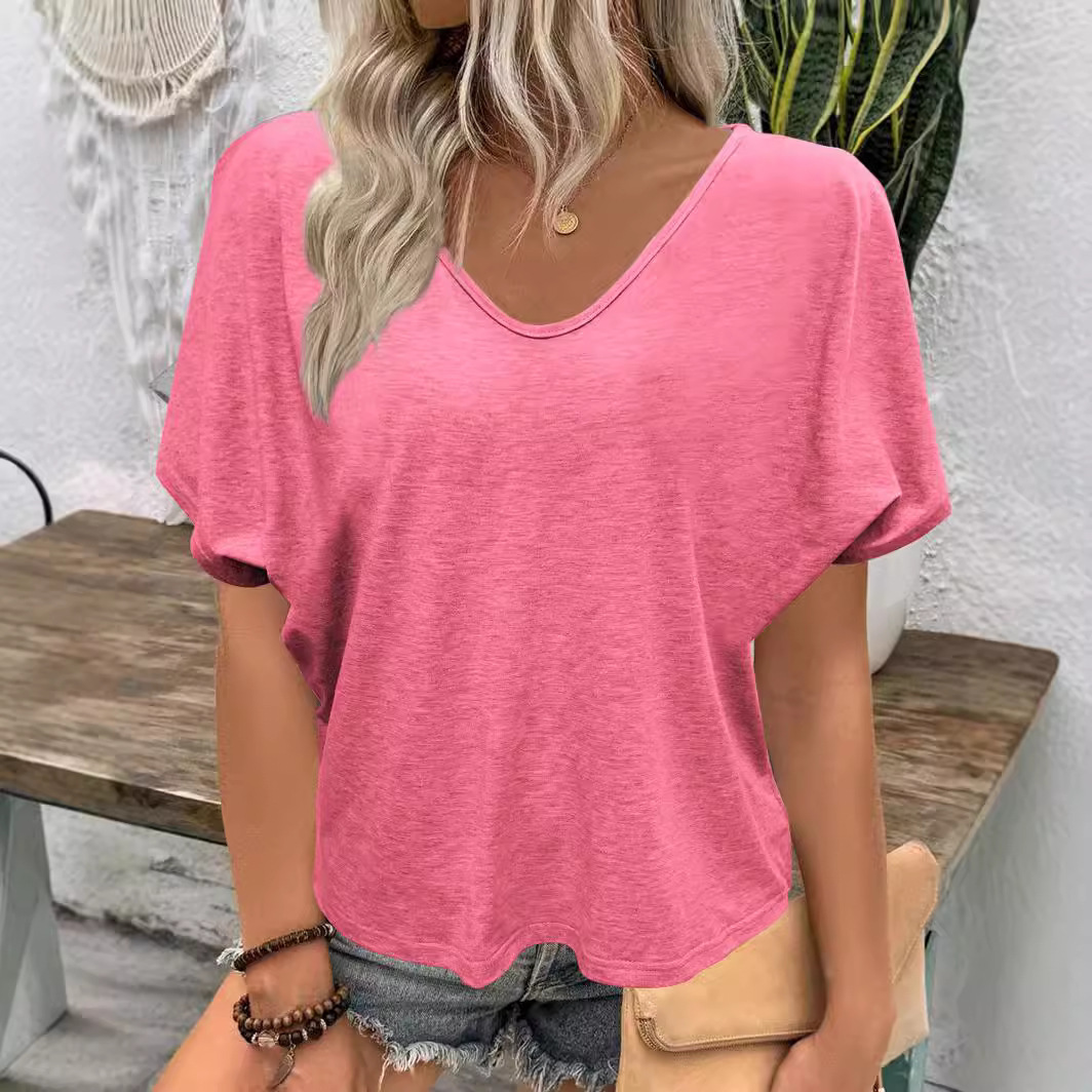 Women's Ruched V-Neck Short Sleeve T-Shirt Candy Color Loose Casual