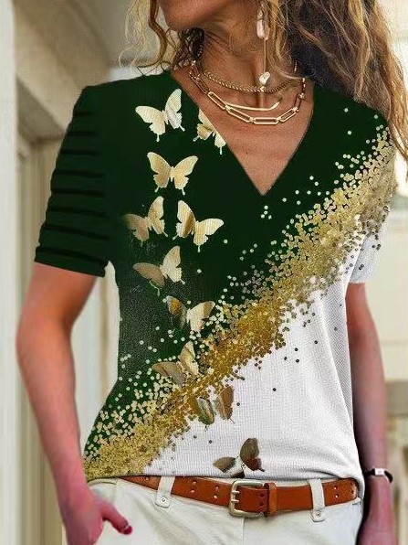 Women's V-Neck Graphic Print Short Sleeve T-Shirt