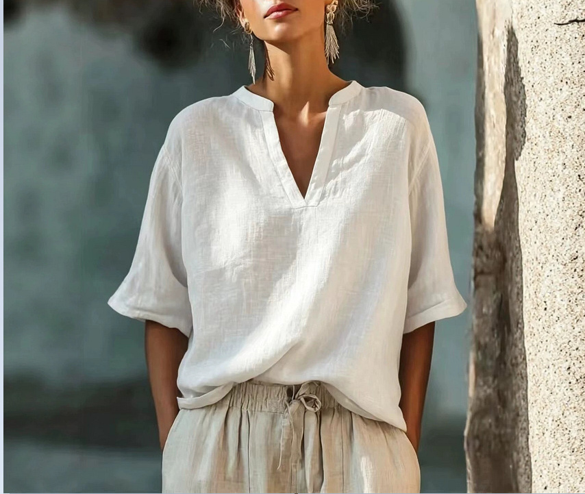 Women's Solid V-Neck Three-Quarter Sleeve Cotton-Linen Top