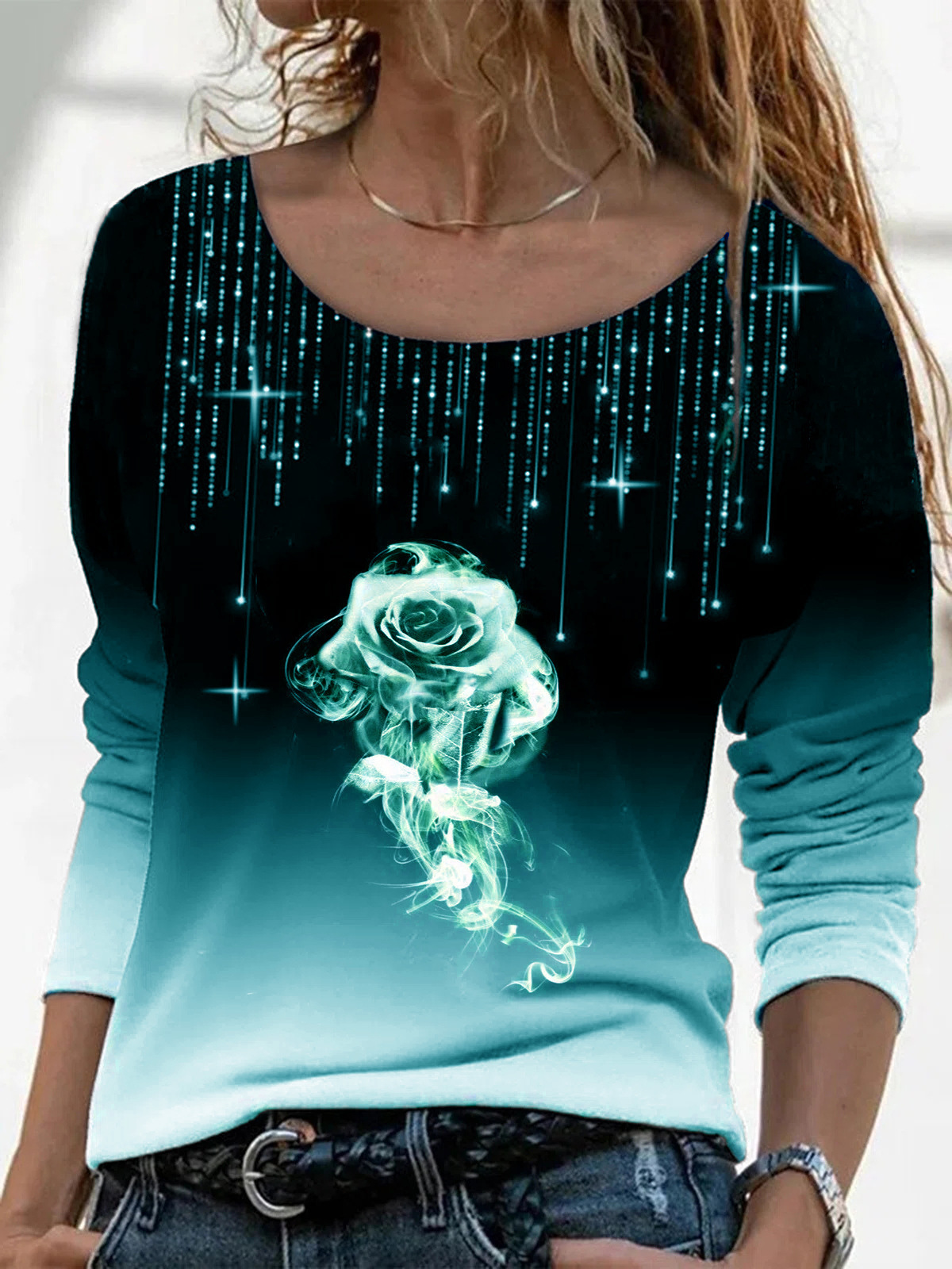 Women's Long Sleeve Loose Crewneck Rose Print T-Shirt