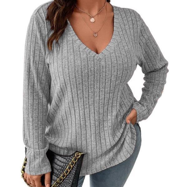Women's Solid V-Neck Long-Sleeve Ribbed Brushed Top