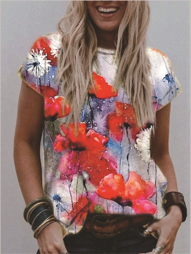 Women's V-Neck Floral Print Short Sleeve Loose Fit T-Shirt